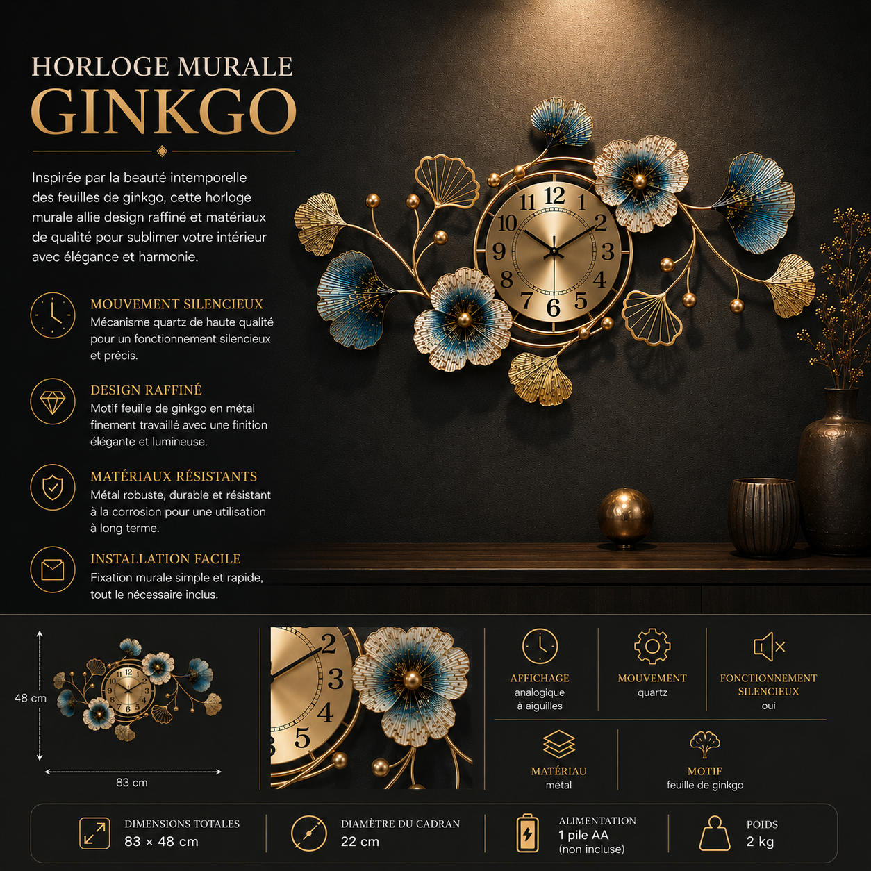NeonDeco Horloge Murale Décorative Ginkgo Doré 83 × 48 cm