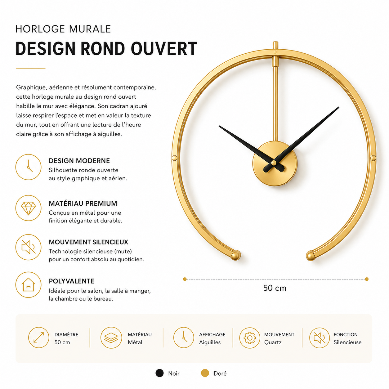 NeonDeco Horloge Murale Design Rond Ouvert 50 cm