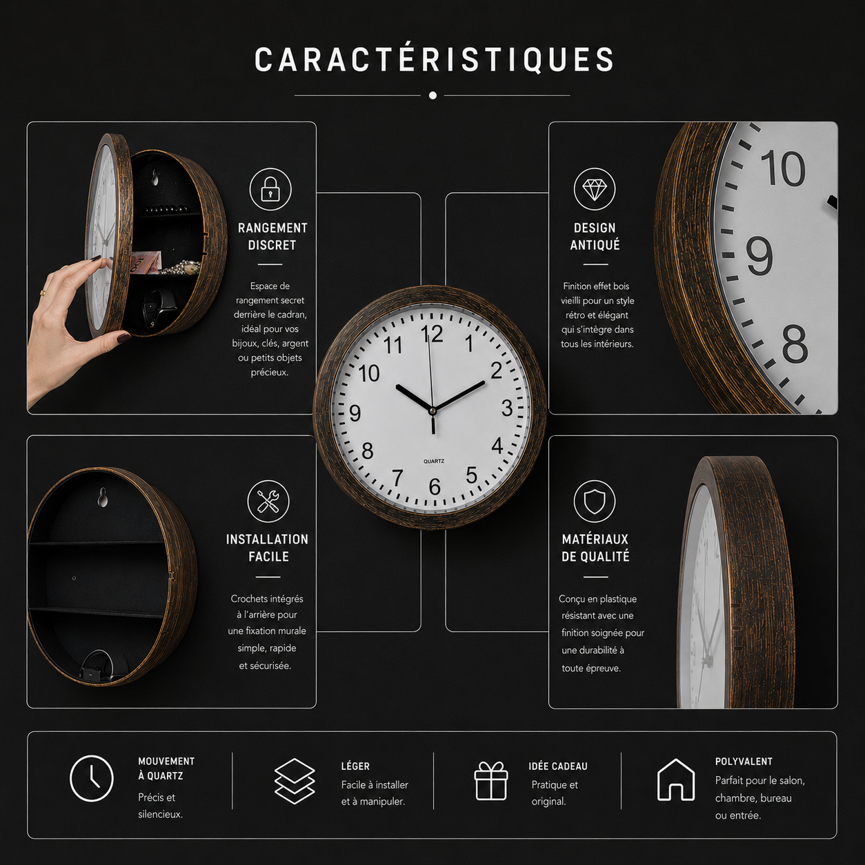 NeonDeco Horloge Rétro avec Coffre Secret
